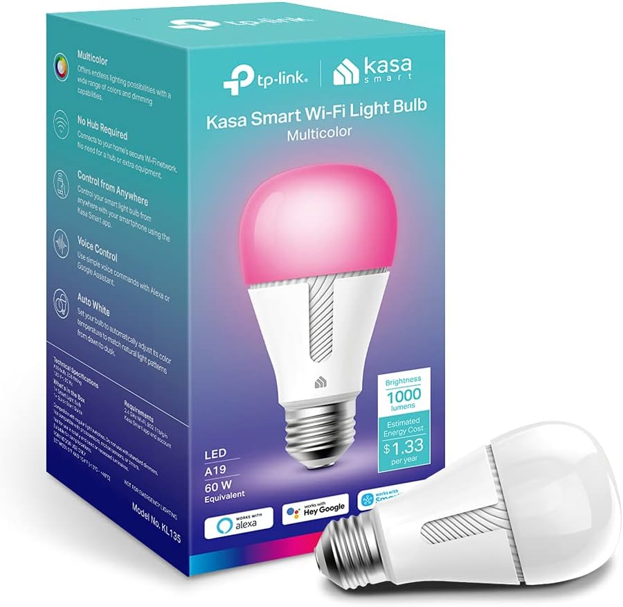 Light Bulbs, 1000 Lumens High Brightness, 16M Color Changing, Dimmable Smart WiFi Light Bulb, Compatible with Alexa and Google Home, A19, 2.4GHz Wi-Fi only, No Hub Required, KL135