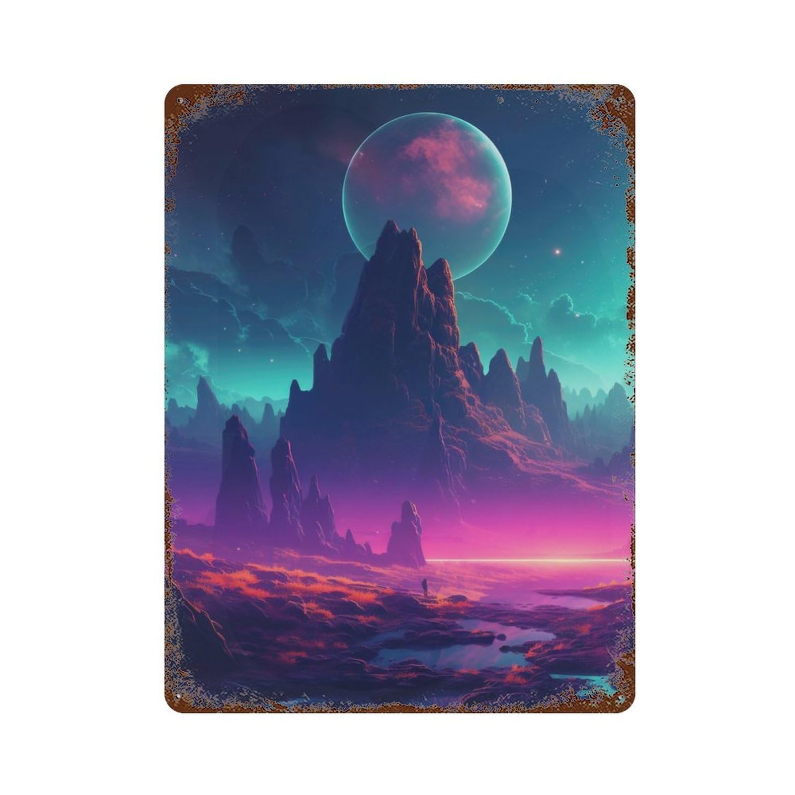 Rust Effect Nocturnal Synthwave Peaks Aged Metal Wall Plaque 15.7"x11.8", Rustic Home Decor for Bistro, Counter And Cafe Decor