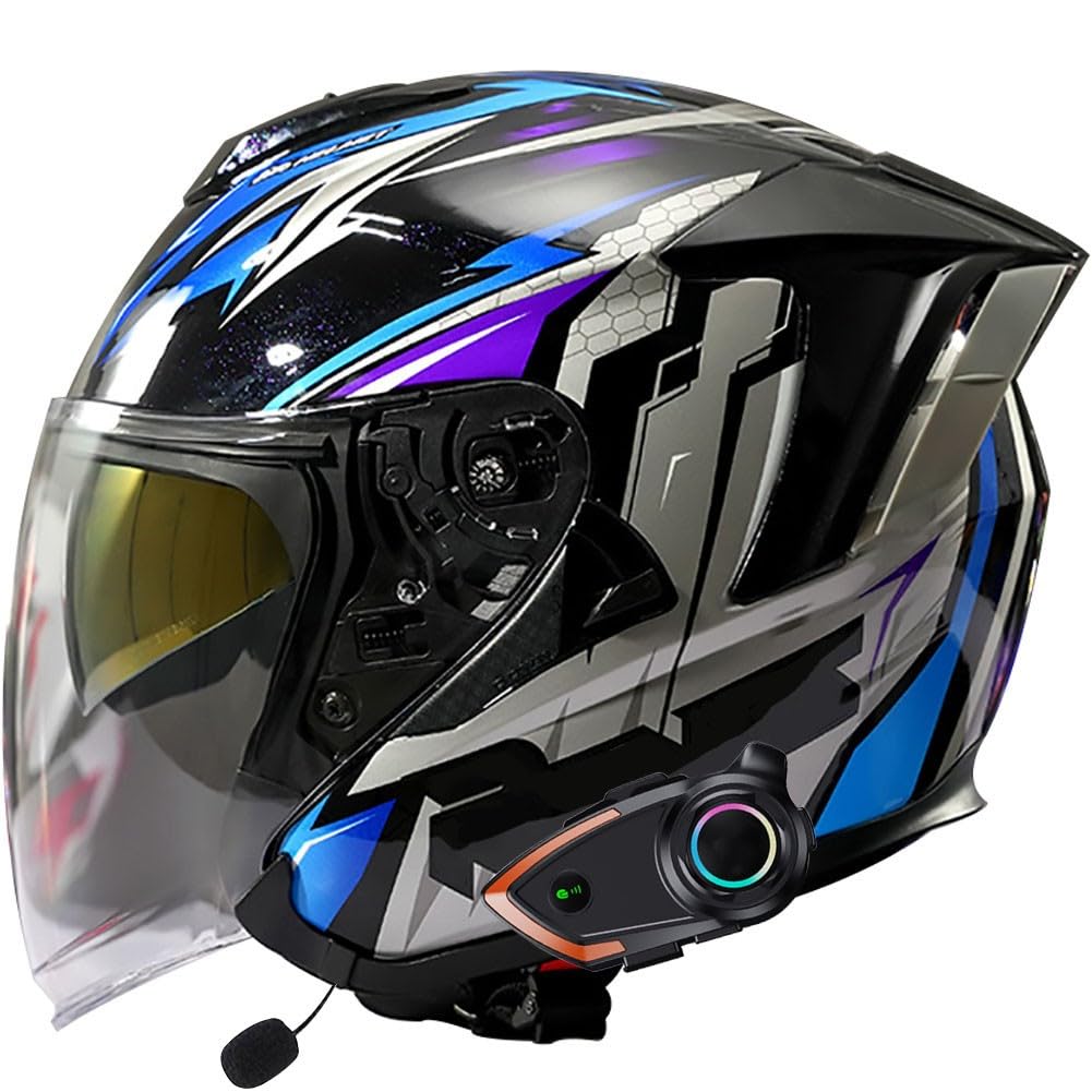 Bluetooth intégré Casco Moto Jet Semi Integrale con Visiera Esterna e Parasole Omologato ECE Casco Scooter Casco Moto Jet Casco Jet Doppia Visiera