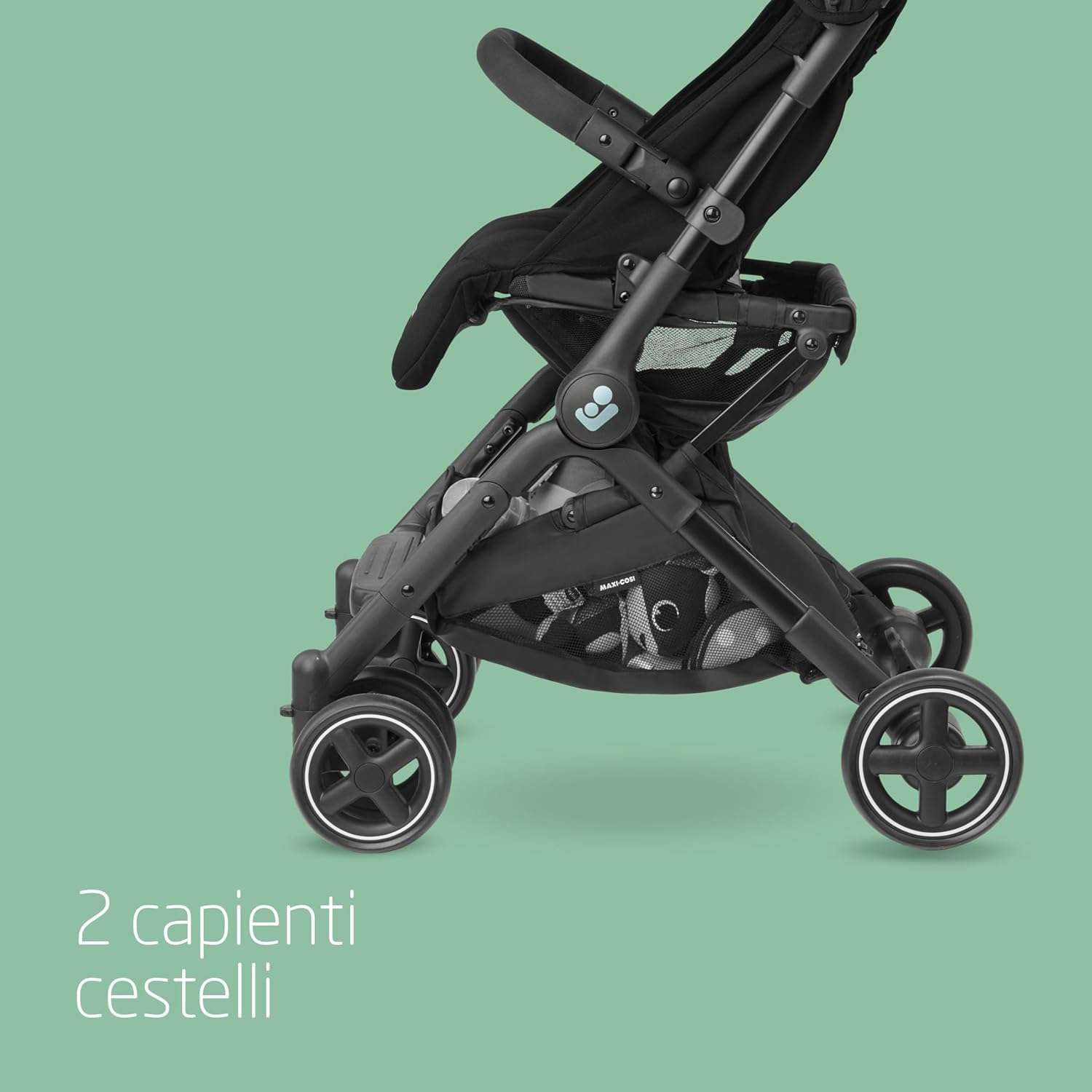 Maxi-Cosi Lara2 Passeggino Leggero per Bambini 0 - 4 anni, 0 - 22 kg, Passeggino da Viaggio Pieghevole Chiusura Compatta, Reclinabile 3 Posizioni, Tessuti Traspiranti, 2 Cestelli, Essential Black