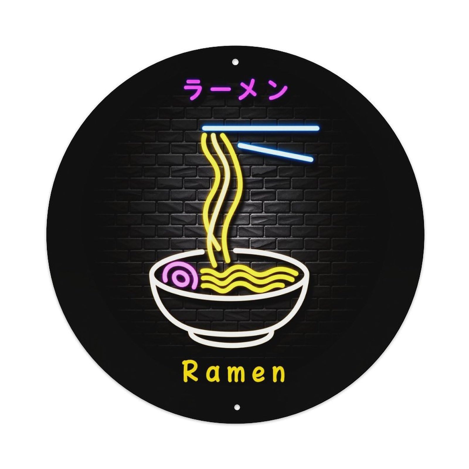 Neon Ramen Bowl With Chopsticks And Noodles Round Vintage Tin Sign,Retro Wall Art,Metal Poster for Home, Bar, Garage, Cafe, Rustic Indoor & Outdoor Decor, 8x8 Inches