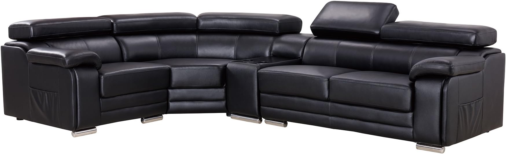 American Eagle Furniture Daphne Collection Modern Top Grain Leather Sectional Sofa With Chaise on Left Adjustable Headrests, Black
