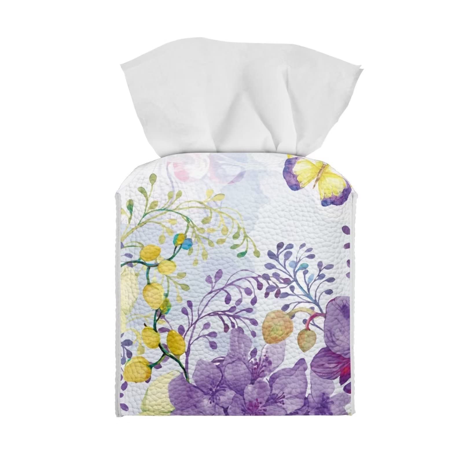YEXIATODO Elegant Purple Flowers Facial Tissue Box Cover with Funny Custom Portable Belt of Bottom for Daily Use Office Bathroom Vanity Countertop Night Stands Livingroom Kitchen Apartment RVs