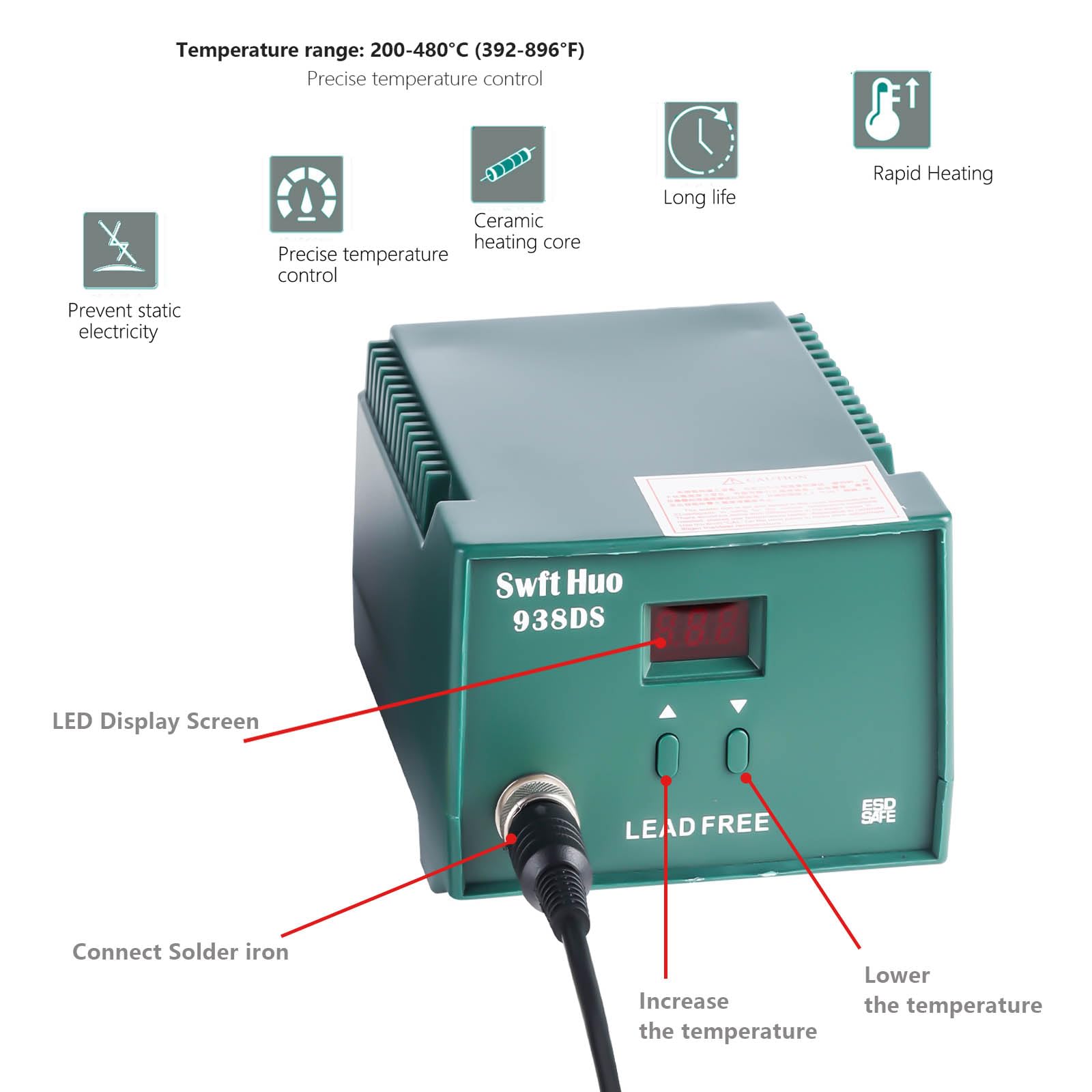 Stazione Saldante 80W 938DS Kit con 5 Punte, Filo Saldante, Pinzette