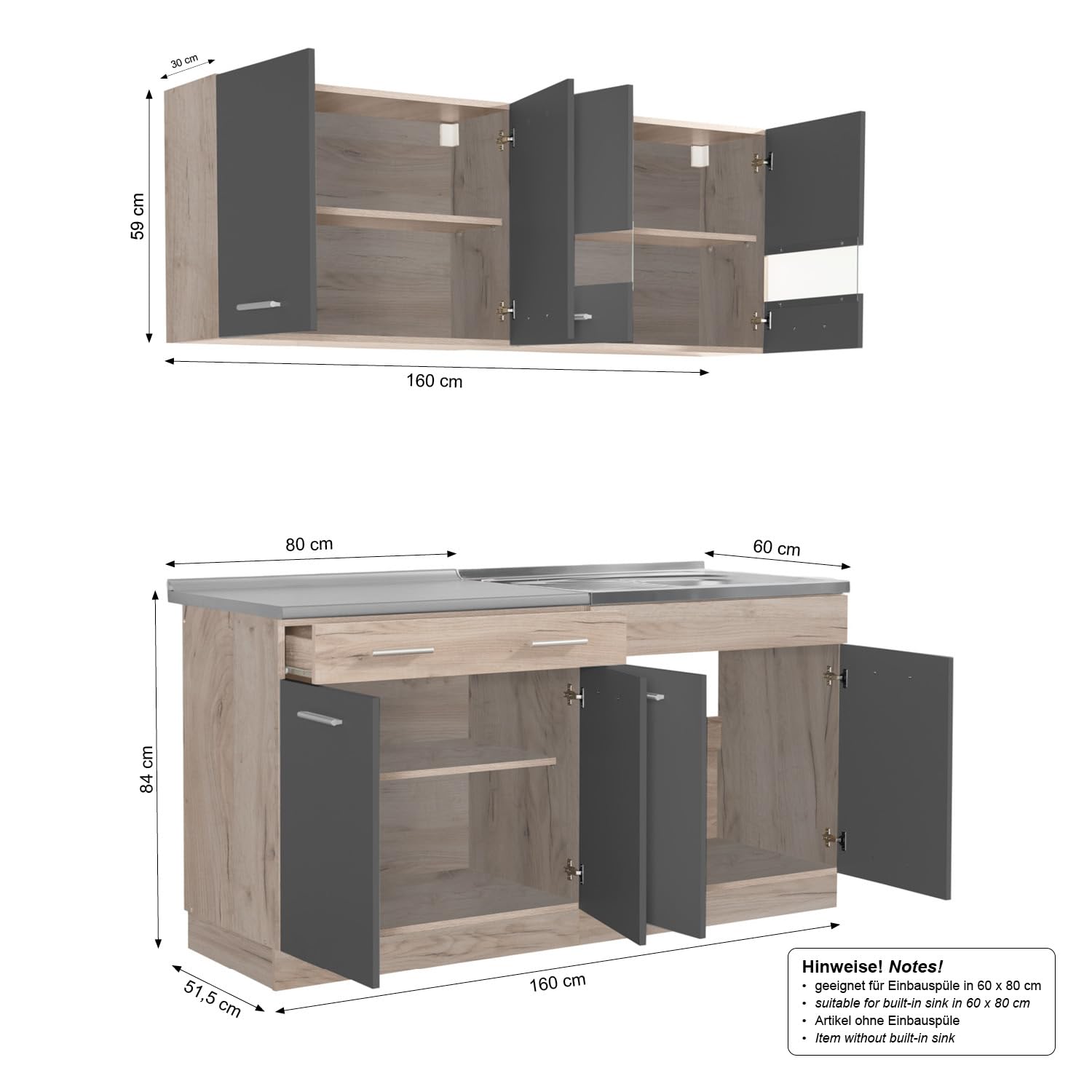 Homestyle4u Küchenzeile 160 cm ohne Geräte - Grau Eiche | Küchenblock mit Hängeschränken & Glasfronten, Singleküche, Miniküche, Einbauküche erweiterbar