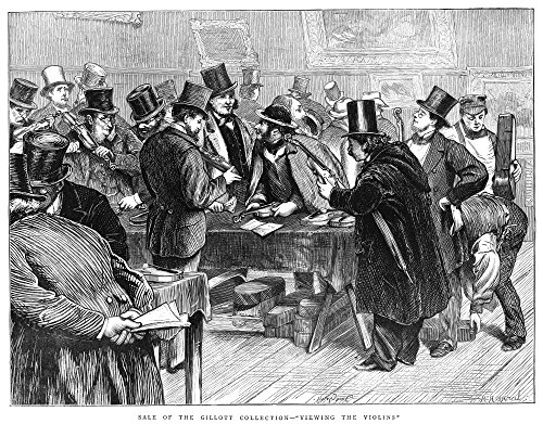 Christies Gillott Sale 1872 Nmen Inspecting The Collection of Violins from The Collection of Joseph Gillott During The Sale at Christies 1872 Contemporary English Engraving Poster Print by (18 x 24)