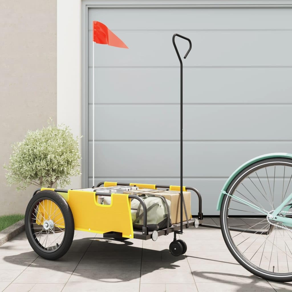 Remolque de bicicleta amarillo de tela Oxford y hierro con recubrimiento en polvo con reflector bandera de seguridad, 122 x 53 x, plegable, plegable para transportar equipaje, perros, niños