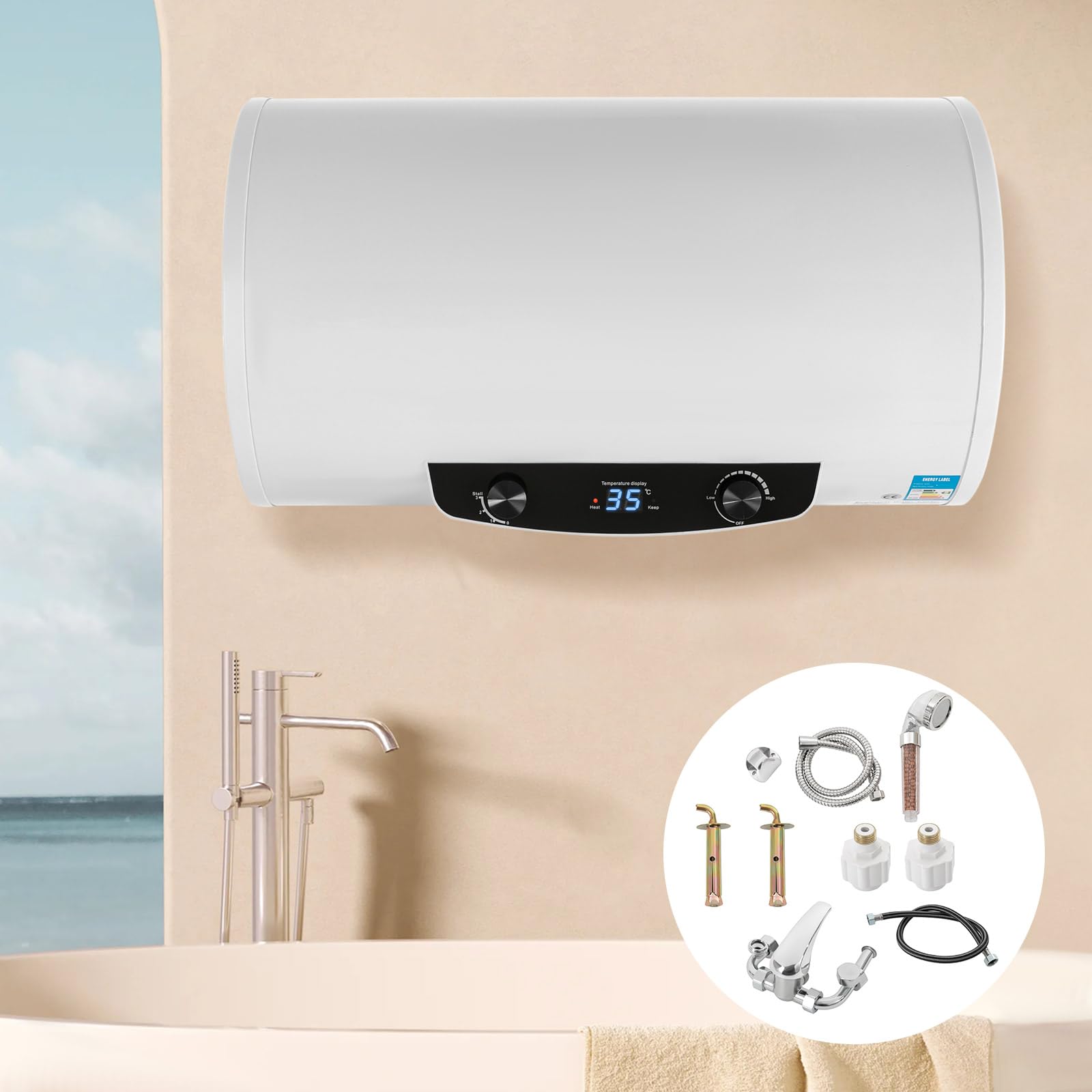 Caldaia murale orizzontale Serbatoio dell'acqua calda 120L（Capacità effettiva dell'acqua: 70L）Serbatoio elettrico dell'acqua calda Caldaia Scaldabagno Scaldabagno, 2000W