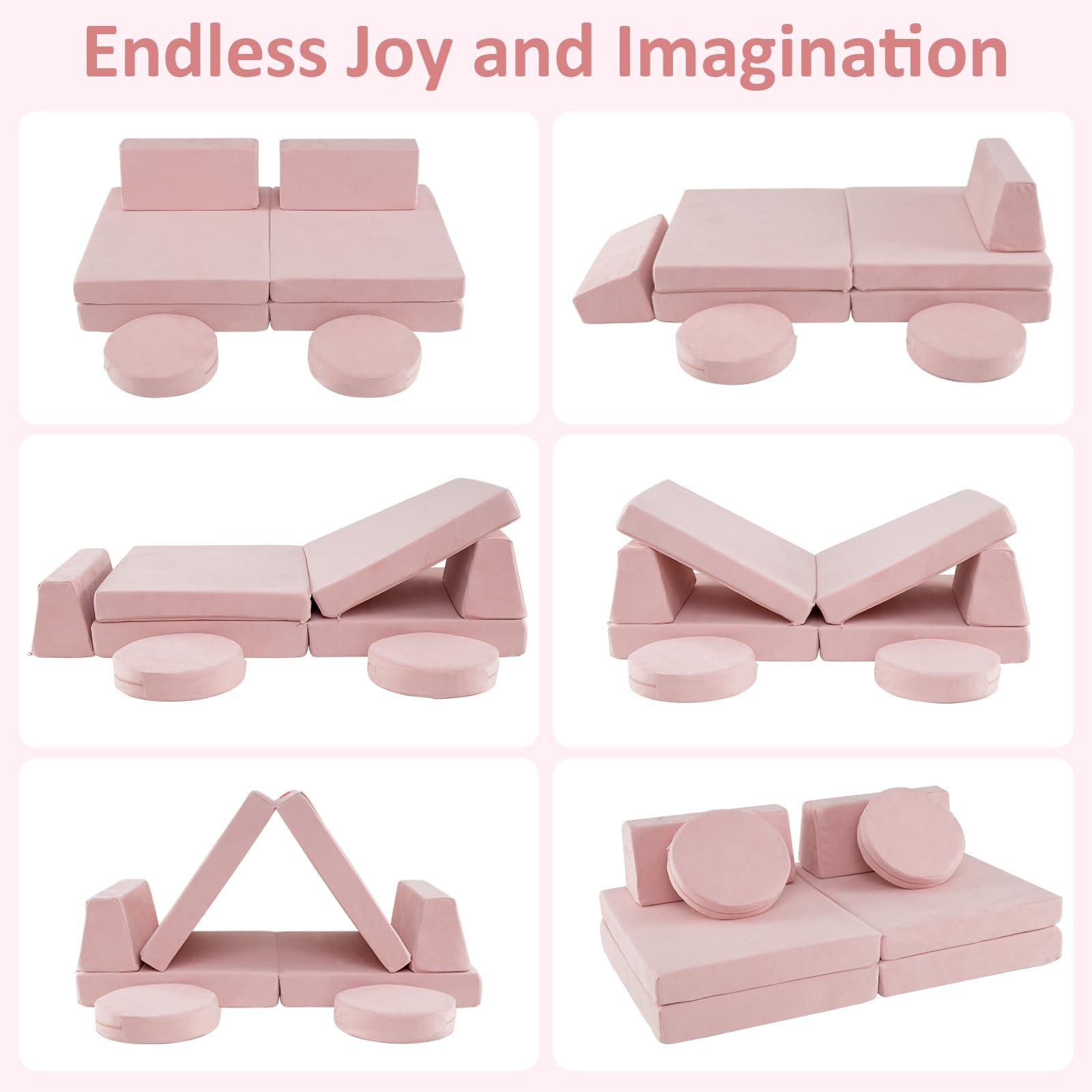 INFANS Modular Kids Play Couch, 6 PCS Toddler Creative Sectional Fort Building Sofa for Playroom, Bedroom, Children Convertible Soft Foam Furniture Playset and Floor Cushion for Boys and Girls (Pink)