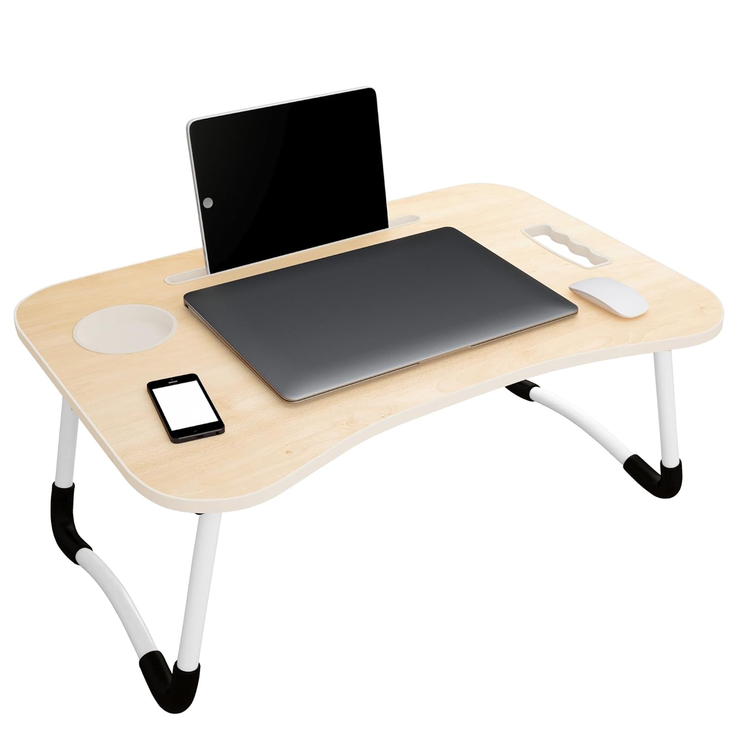 MollisHomes Laptop Table with Dock Stand Wood Smart Standard Multi-Purpose Solid/Study Table/Bed Table/Foldable and Portable/Ergonomic & Rounded Edges/Non-Slip Legs/Engineered (White Maple)