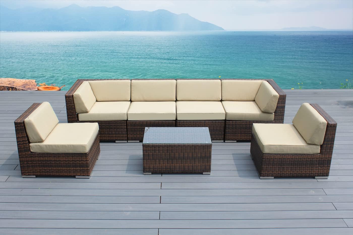 Ohana 7-Piece Outdoor Patio Furniture Sectional Conversation Set, Mixed Brown Wicker with Beige Cushions - No Assembly with Free Patio Cover