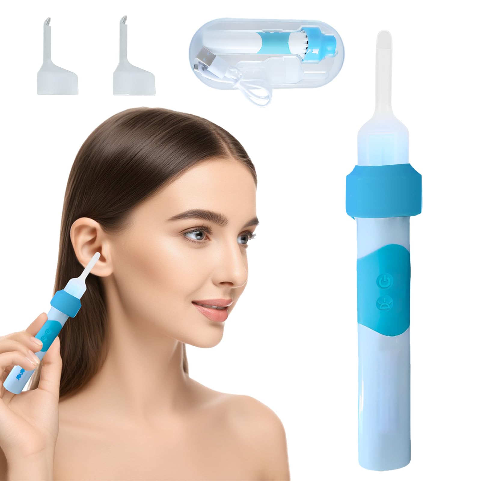 Oroclear Ohrenschmalz-Sauger leuchtend Ohrenreiniger Entferner Ohrenschmalz-Reiniger Sicheres Und Weiches Ear Cleaner mit 2 Waschbaren Ersatzköpfen für Erwachsene Kinder und ältere Men (Blau)