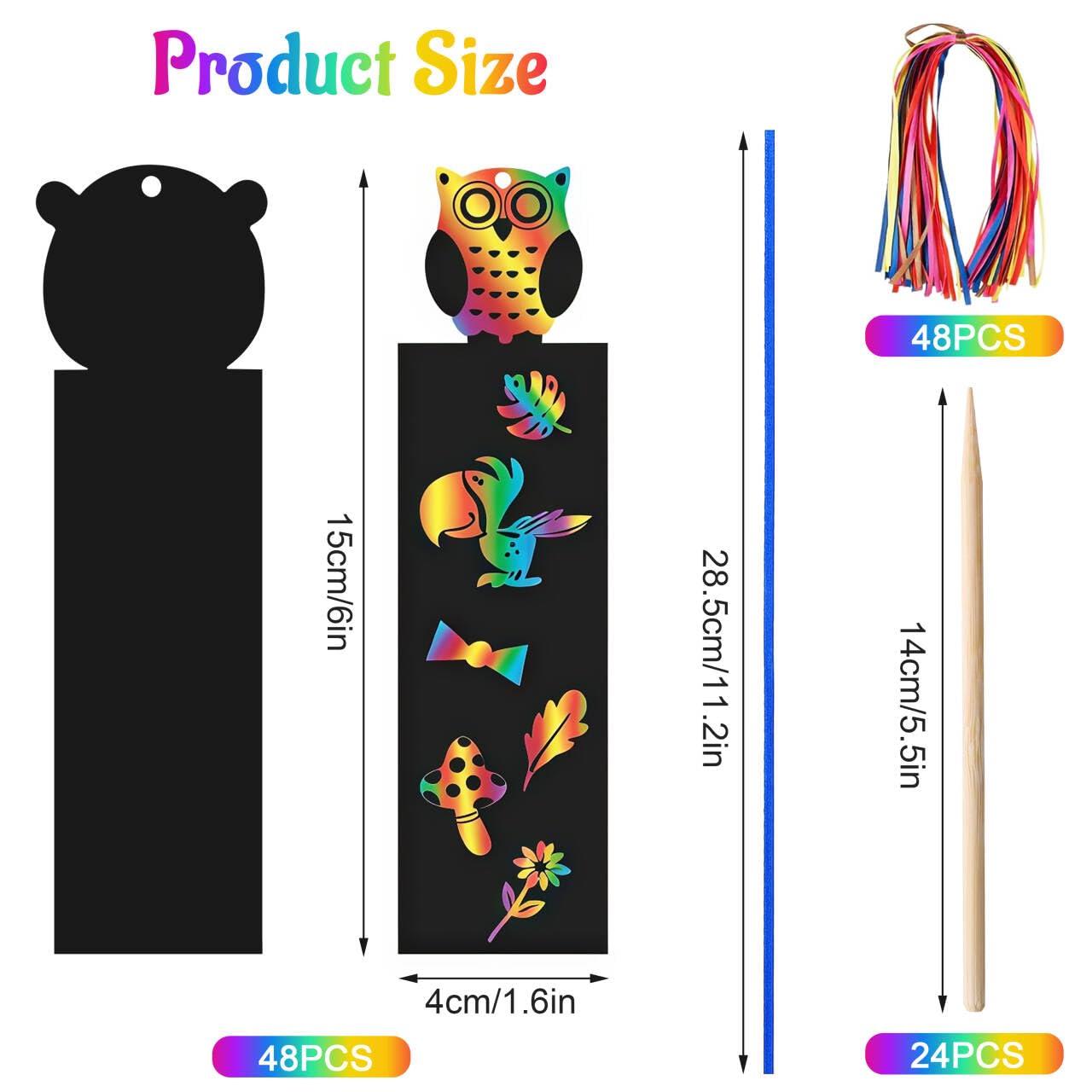 Marcadores de Libros Rainbow 48 Piezas para Rascar con Diseño Animales y Cintas de Raso