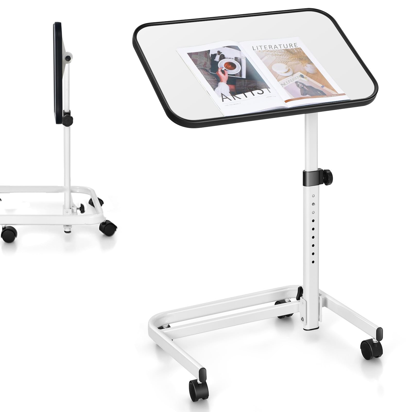 COSTWAY Table de Lit avec roulettes Verrouillables, Réglable en Hauteur, Rangement Pliable, Plateau Inclinable 180°, pour Lit Médicalisé, Charge 20kg