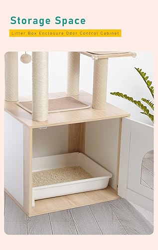 Miniatura 5 de PETEPELA Moderno árbol de madera para gatos con armario de almacenamiento y amplio condominio para gatos, percha superior grande y hamaca, postes