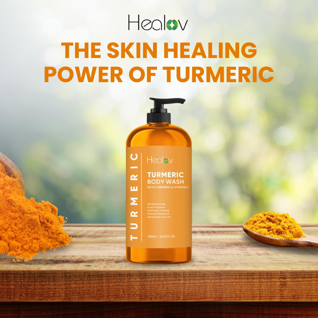 Healov Gel doccia alla curcuma, sapone alla curcuma, illumina la pelle per macchie scure e iperpigmentazione, gel doccia esfoliante alla curcuma, riduce acne, cicatrici e deterge la pelle