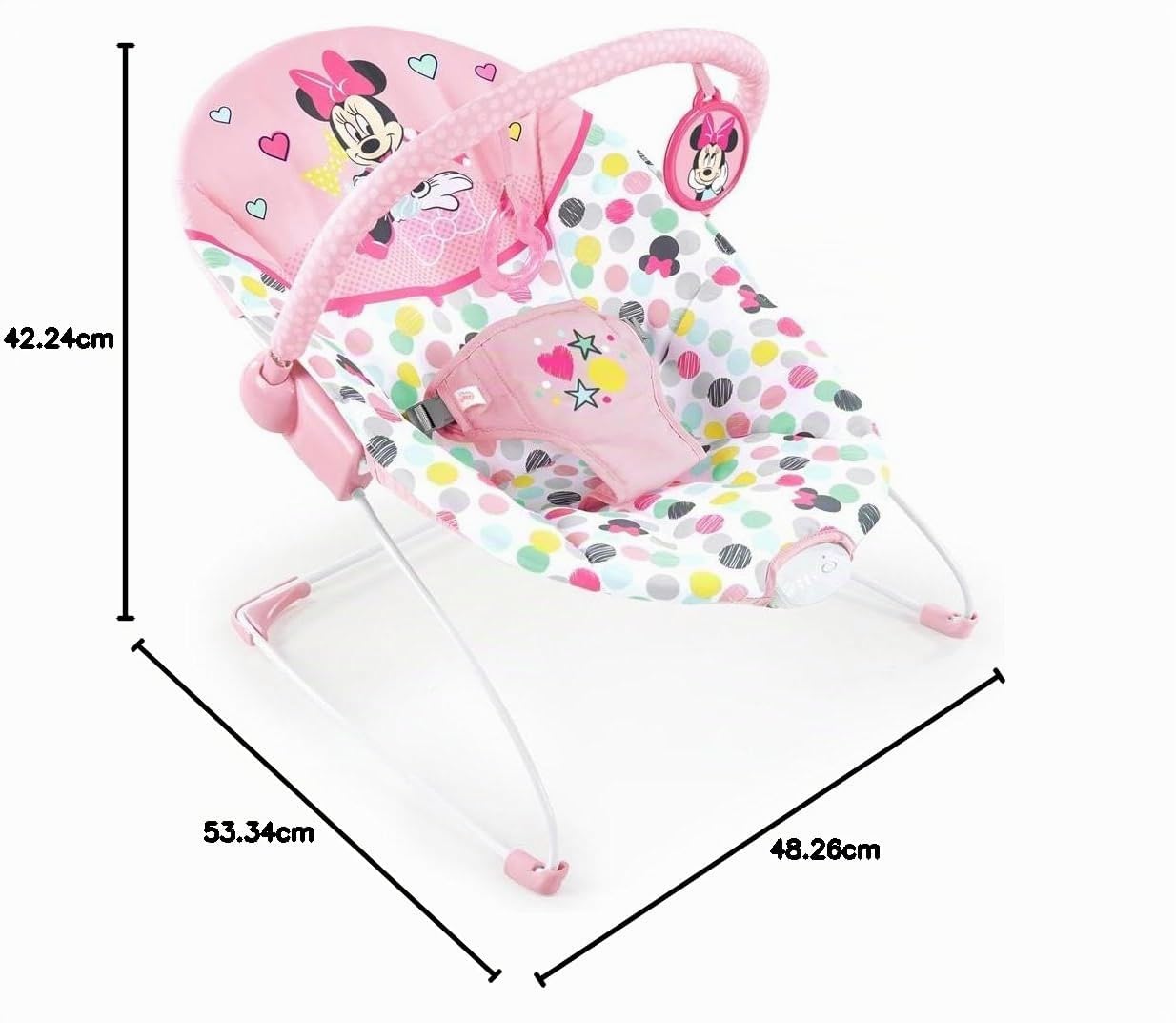 Bright Starts, Disney Baby, Hamaca mecedora Minnie Mouse Spotty Dotty para Bebé, Silla con vibraciones relajantes y arco de juego extraíble, funda del asiento lavable, color Rosa, 0+ meses