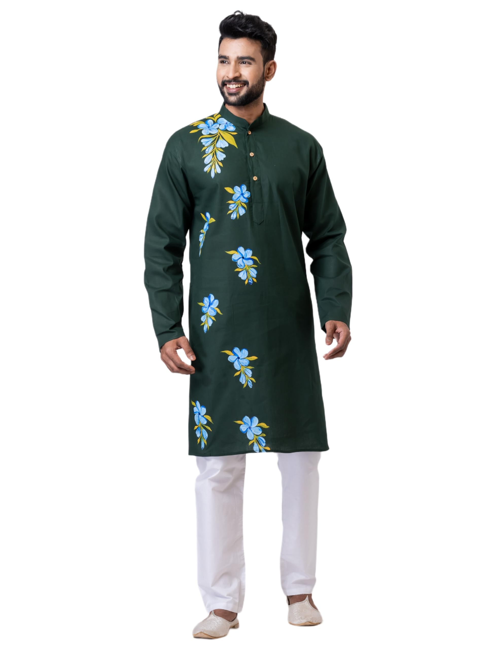 Santiniketan Kanthastitch Men’s Dark Green Kurta with Handcrafted Blue Floral Embroidery – Cotton Traditional Outfit for Puja & Celebration-picture-21