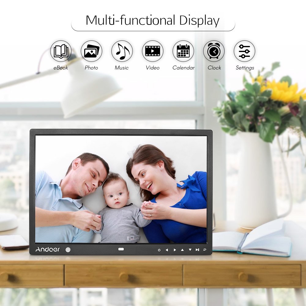 Andoer 15 Marco Foto Digital de Grande Pantalla LED álbum Desktop 1280 * 800 HD Música/vídeo/Ebook/Reloj/Calendario con Sensor de Detector Movimiento Teclas de Tocco Soporte Mando a Distancia