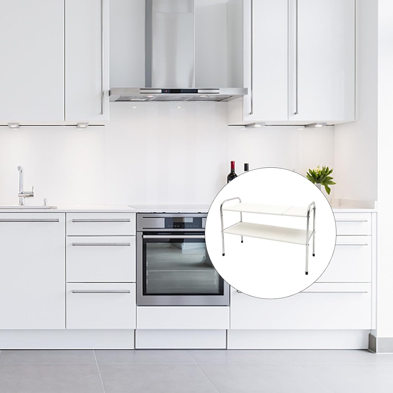 Telescopic Double-layer Kitchen Cabinet Organizer Rack under Sink Storage Shelf with 8 Removable Boards, White Adjustable Pantry Spice Holder for Home Kitchen