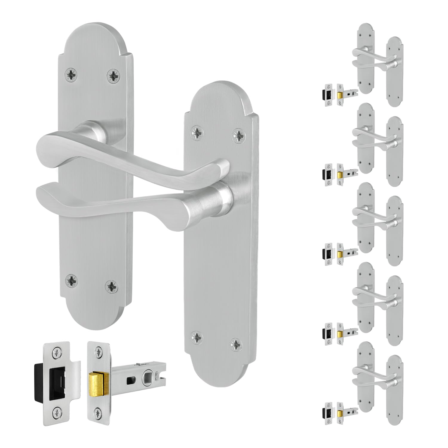 EAI Satin Door Handles with Latch, 6 Pairs Internal Satin Chrome Victorian Scroll Shaped Backplate, Latch 64mm