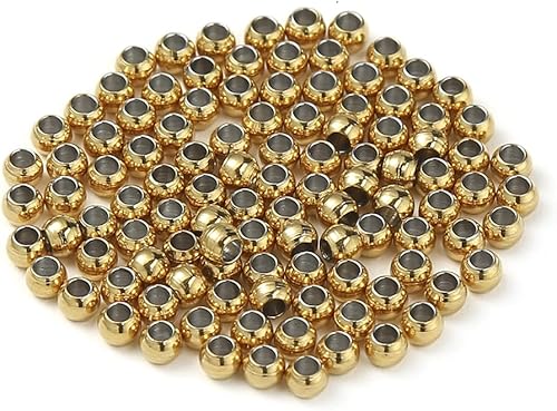 Miniatura 8 de Loprome 60 cuentas espaciadoras redondas de acero inoxidable chapadas en oro con agujero de 0.138 in, cuentas sueltas sin costuras para