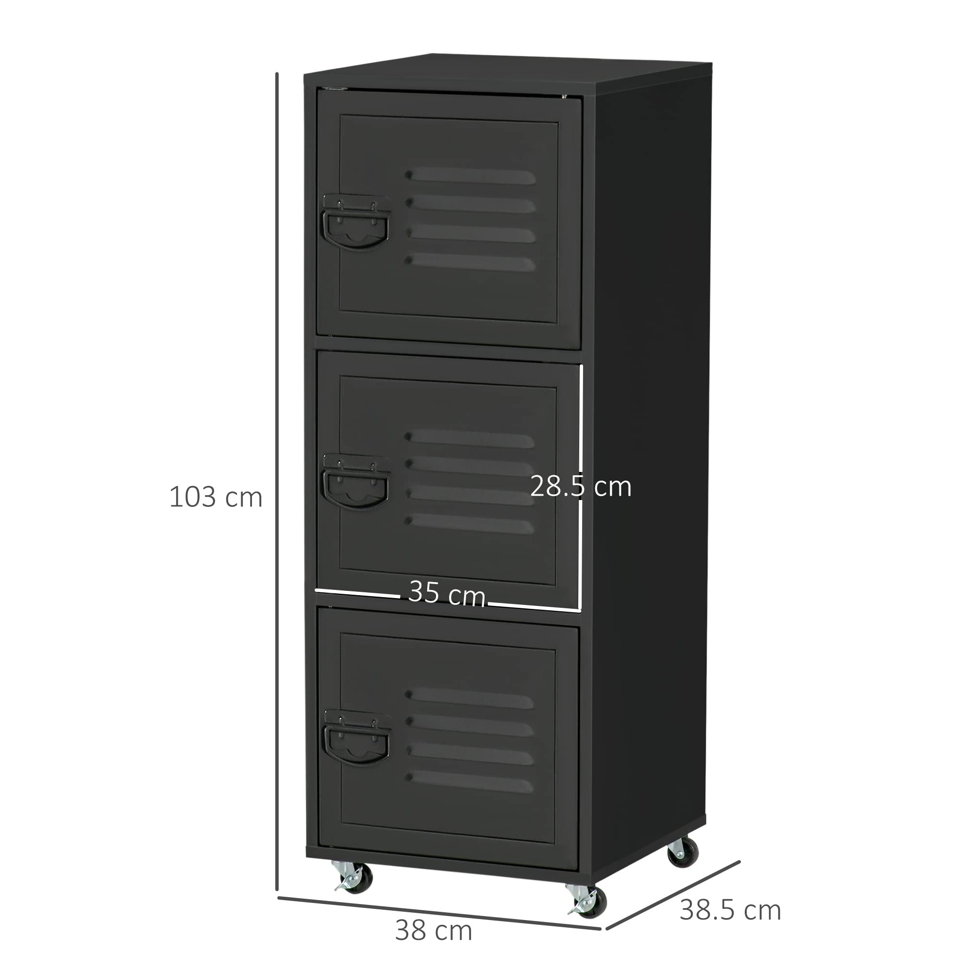 HOMCOM Armoire de Rangement à roulettes à 3 Niveaux avec roulettes et Portes en métal pour Bureau à Domicile, Salon, Noir