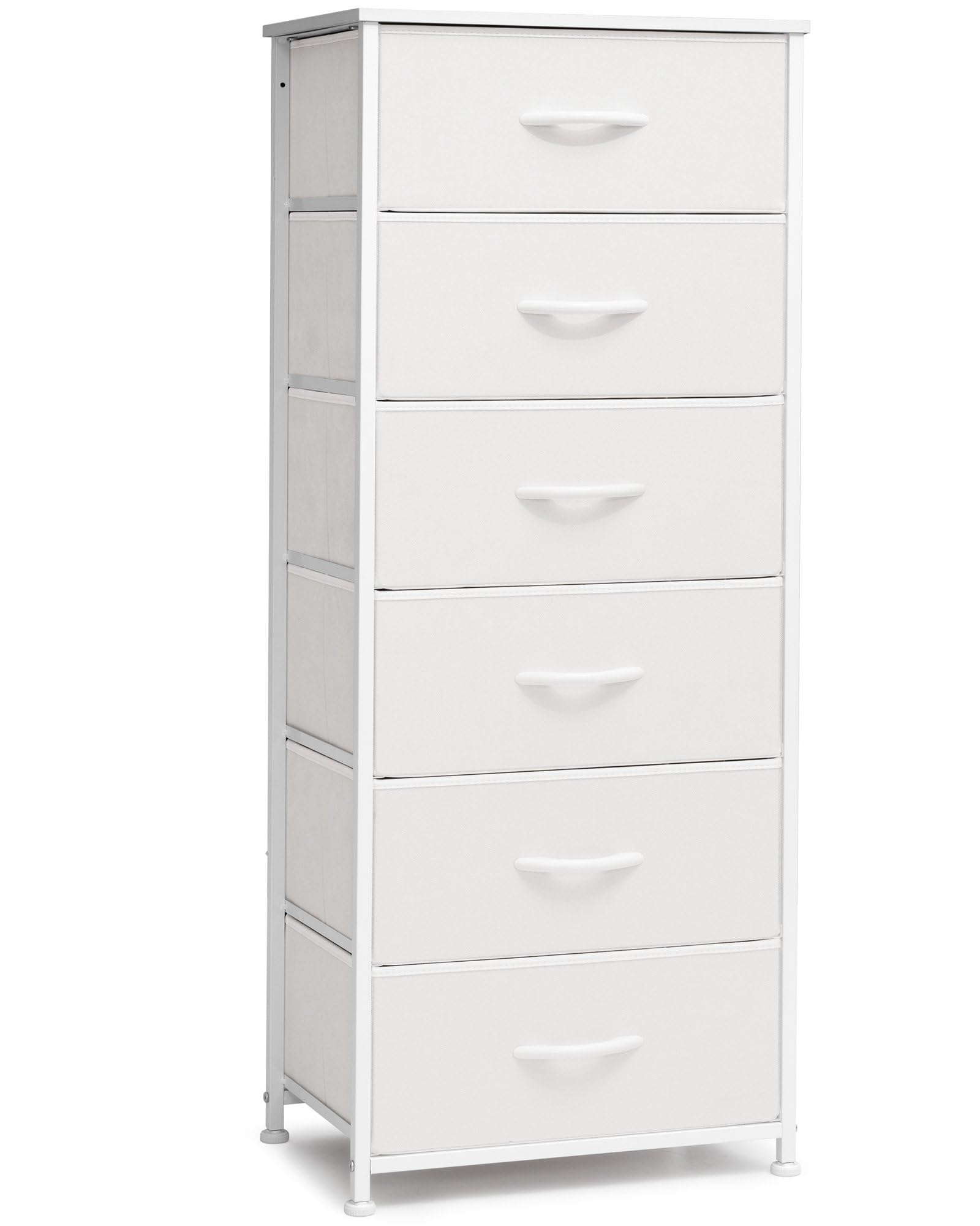 Crestlive Products Vertical Dresser Storage Tower - Sturdy Steel Frame, Wood Top, Easy Pull Fabric Bins, Handles - Organizer Unit for Bedroom, Hallway, Entryway, Closets - 6 Drawers (White)