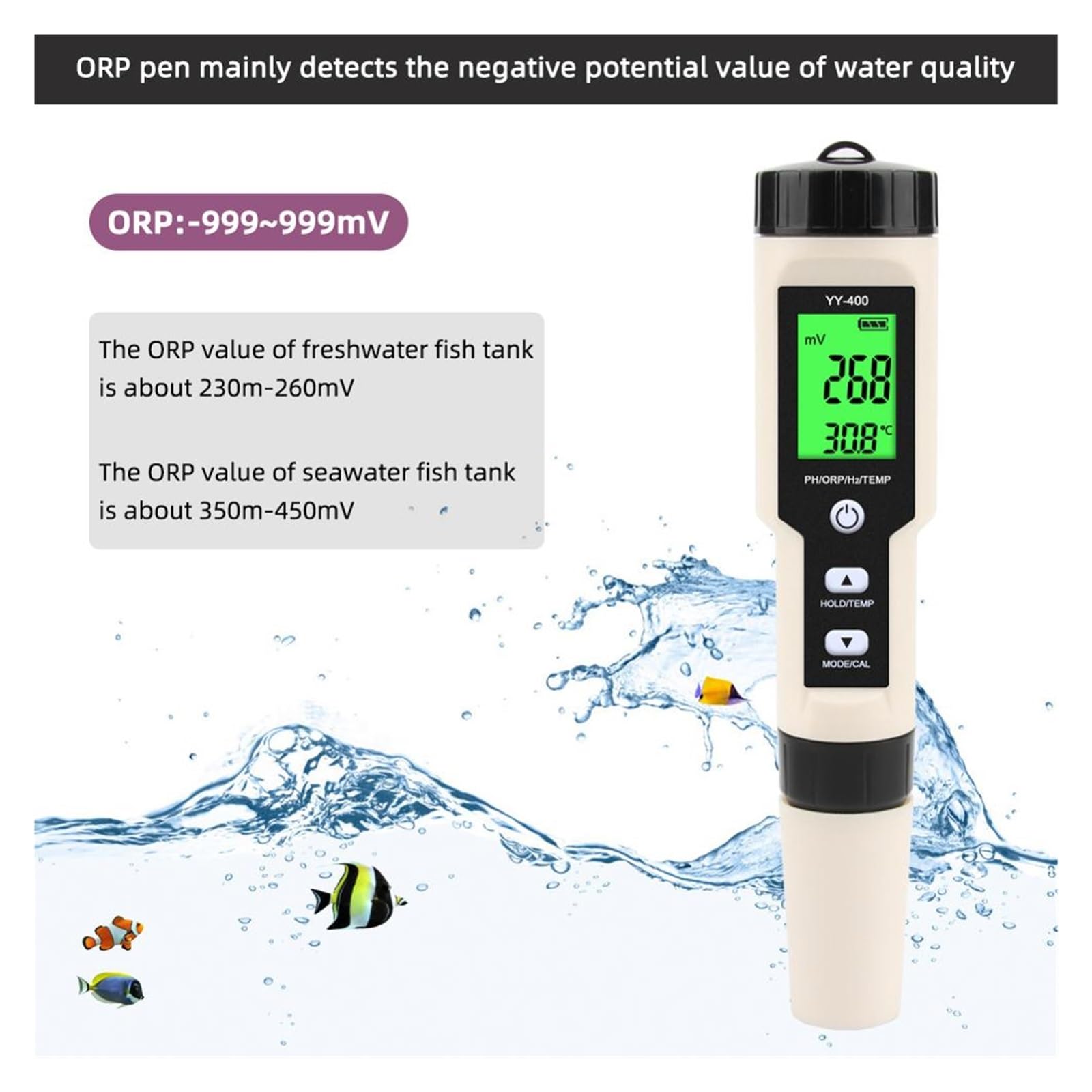 Medidor de pH Medidor Digital de Calidad del Agua 4 en 1 H2/PH/ORP/Temp, probador for Piscinas, Potable, acuarios