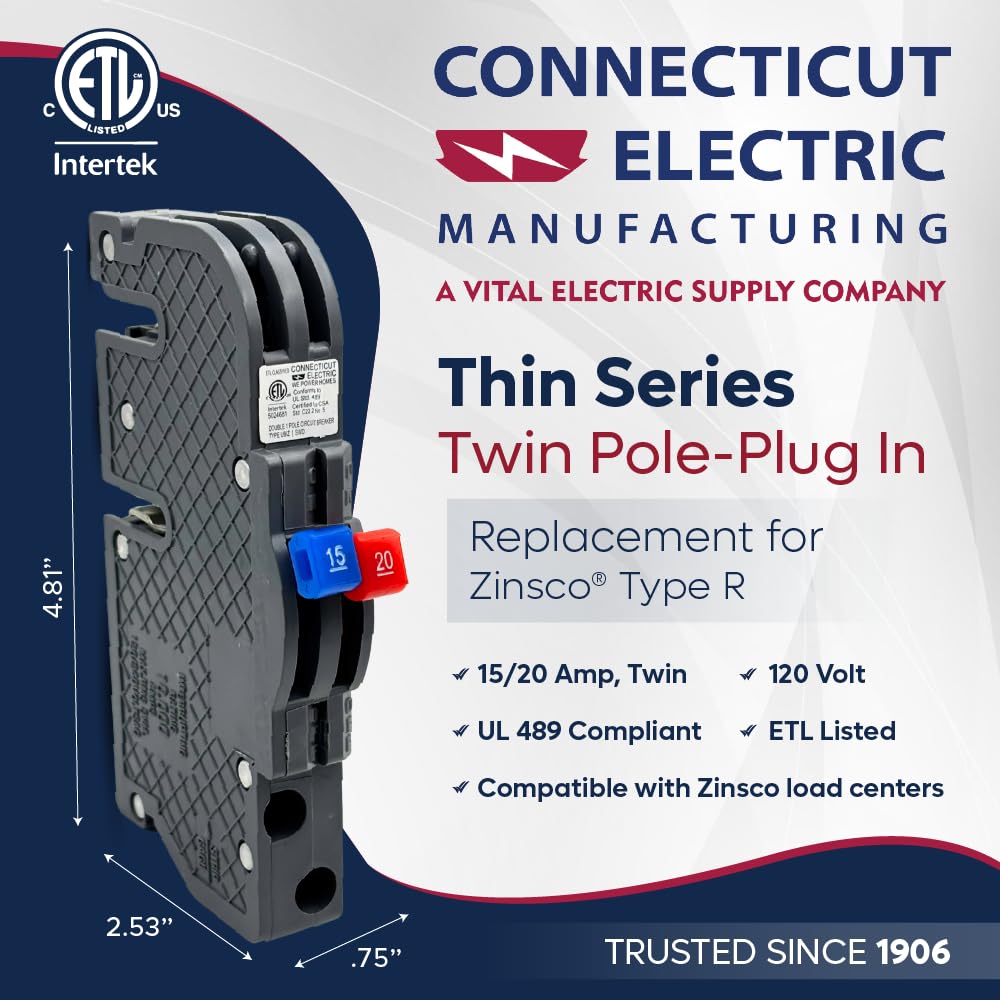 Connecticut Electric UBIZ1520 Newly Manufactured Zinsco R381520 Replacement, Twin/Tandem 15/20 Amp Thin Series Circuit Breaker, Gray — Amazon image 4