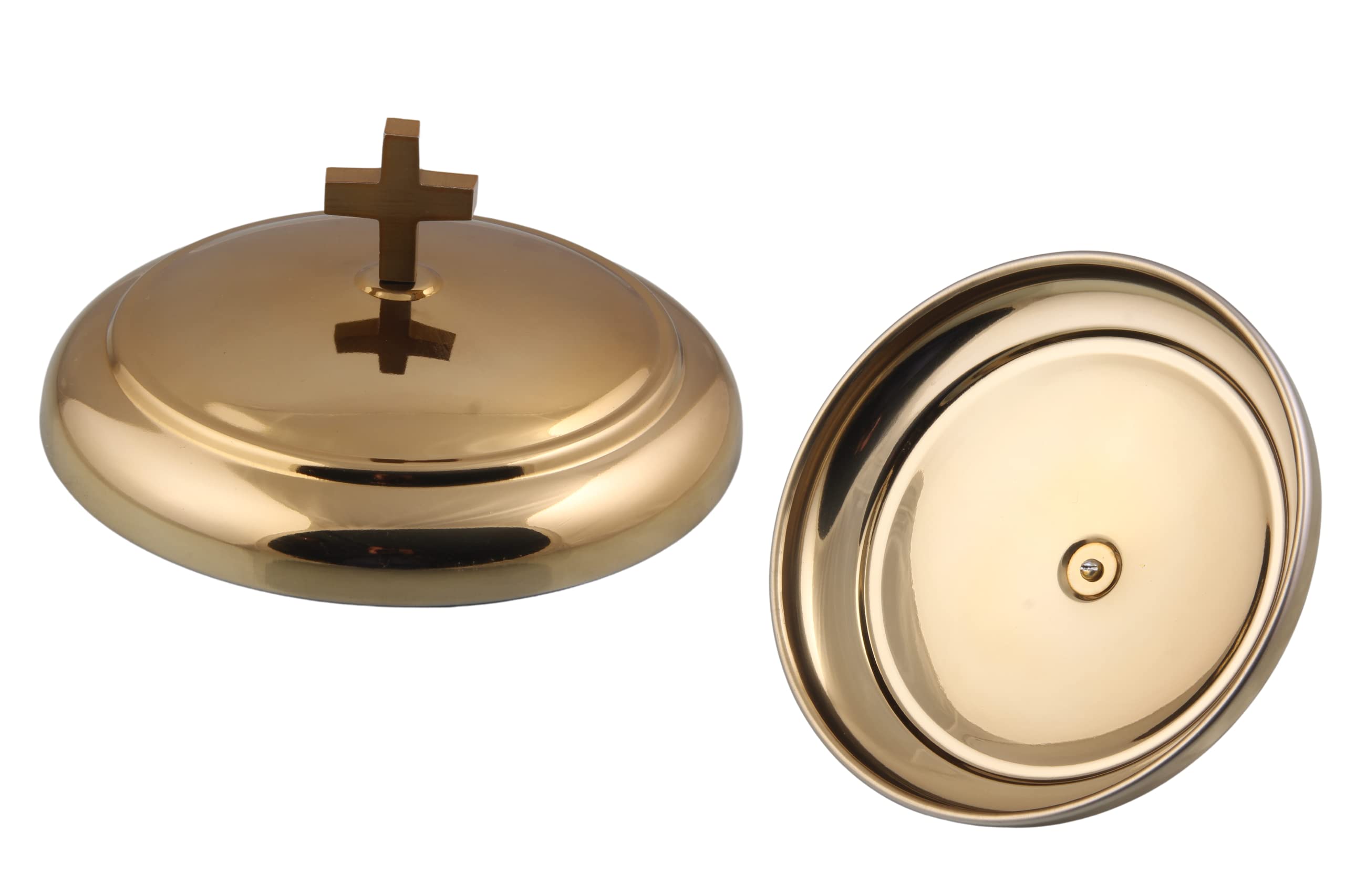 Communion Ware - Bandeja para servir vino sagrado con tapa y plato apilable para pan con tapa, acero inoxidable (latón/dorado brillante)