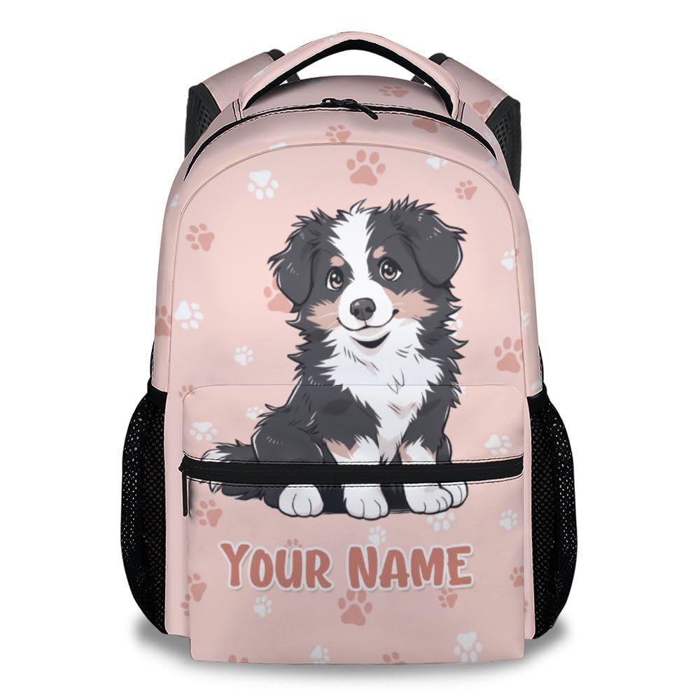 BEOIIBIRD Custom Border Collie Backpack for Kids, 17 Inch Pink Backpacks for Primary School, Cute Lightweight Durable Bookbag for Boys