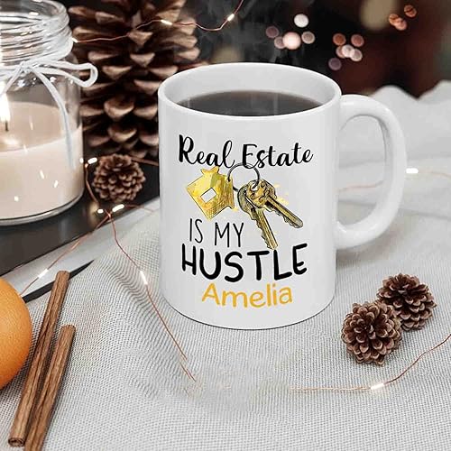Miniatura 4 de Taza de café personalizada de cerámica blanca de 11 onzas, 15 onzas, nombre personalizado, taza de té Real Estate Is My Hustle, novedosa taza de