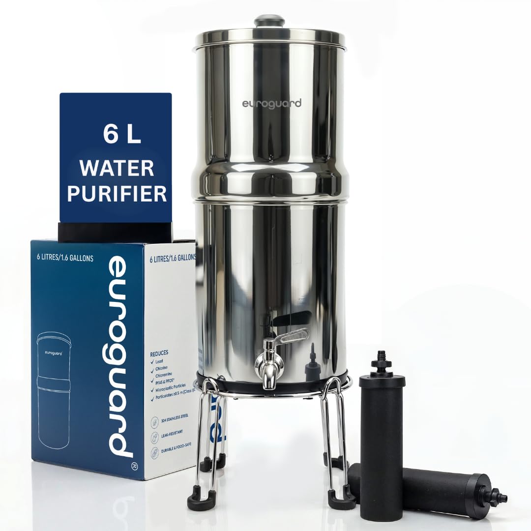 Système de Filtration d’Eau par Gravité en Acier Inoxydable 304 | Avec Support Inox | Finition Miroir ou Mate | 2 Cartouches Incluses | Robinet Inox (Argent Brillant, 6L)