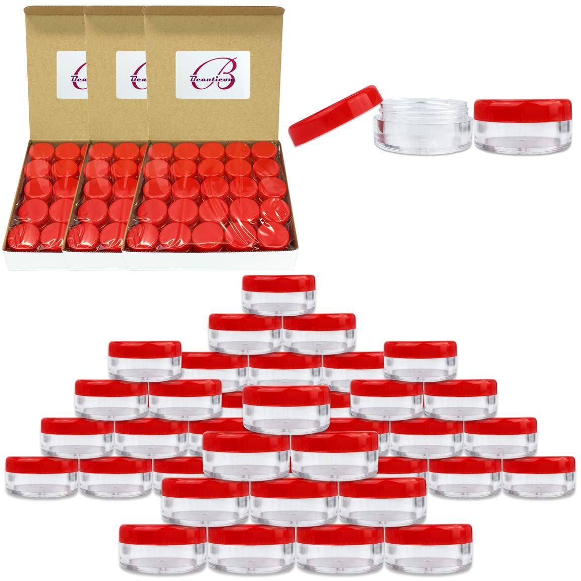 pana (Quantity: 200 Pieces) Beauticom 5G/5ML Round Clear Jars with RED Lids for Scrubs, Oils, Toner, Salves, Creams, Lotions, Makeup Samples, Lip Balms - BPA Free