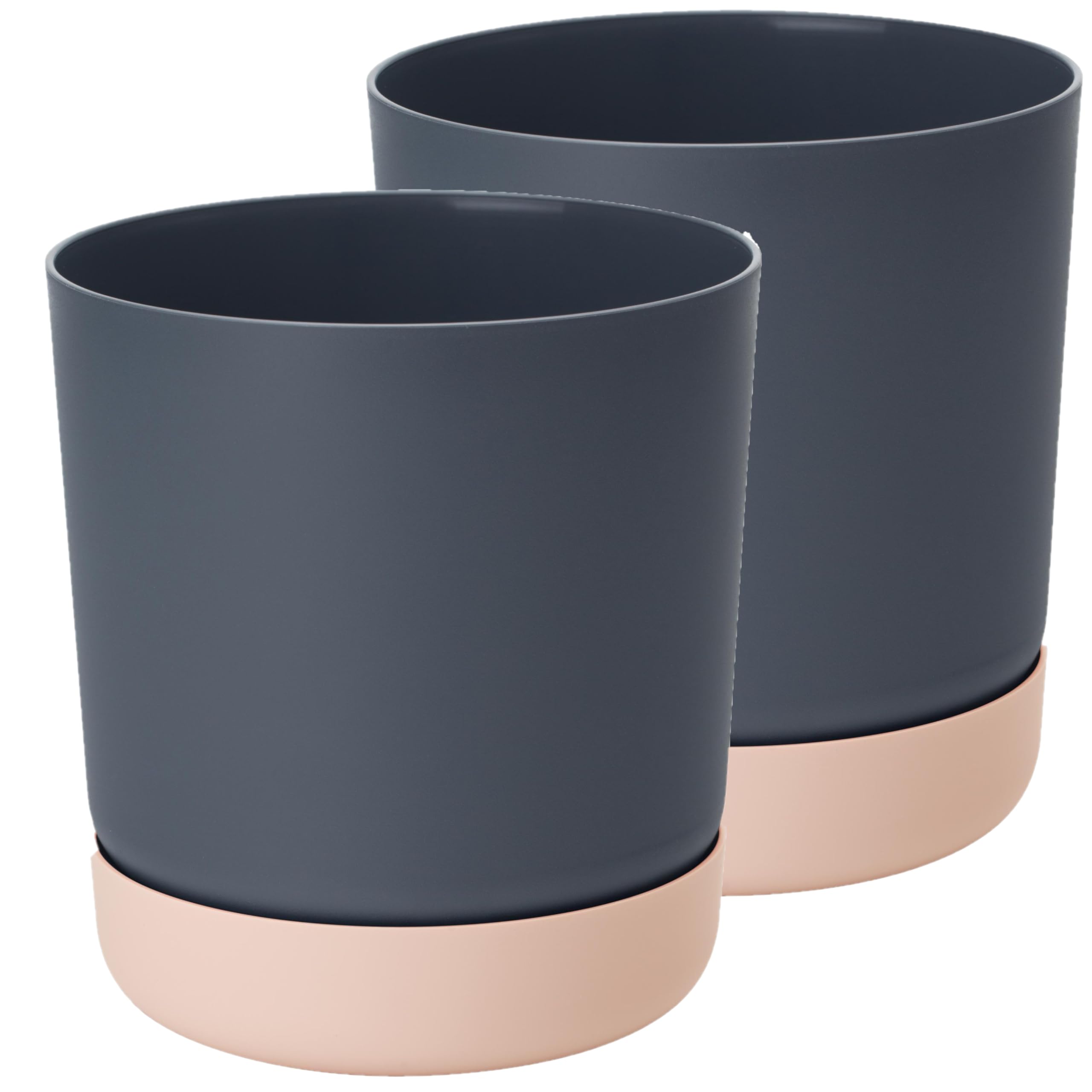 Home Garden Ornaments Anthracite + Pink – Plant Pots Indoor, Set Of 2 Plastic Outdoor Planters With Drainage & Saucer, Classy Flower Pots (13Cm / 5.1 Inch, Antracite/Pink)