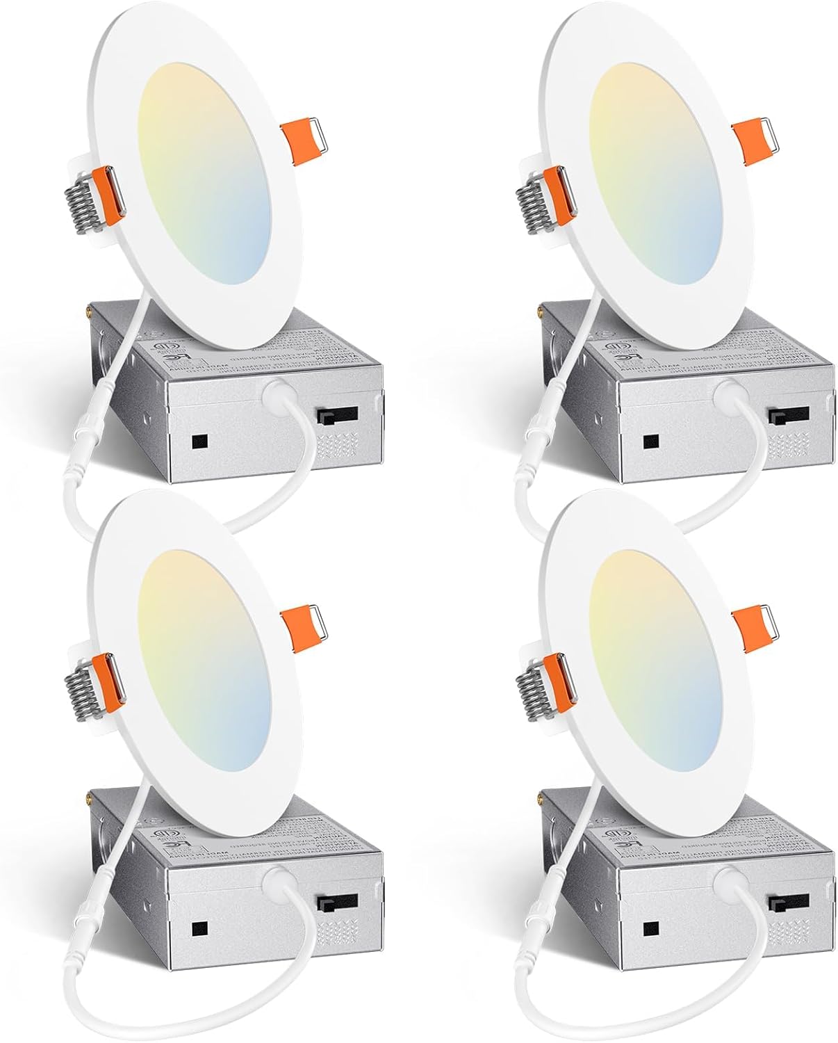 Amico 4 Pack 4 Inch 5CCT Ultra-Thin LED Recessed Ceiling Light with Junction Box, 2700K/3000K/3500K/4000K/5000K Selectable, 10W Eqv 60W 800LM Brightness Dimmable Canless Wafer Downlight, ETL & FCC