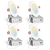 Amico 4 Pack 4 Inch 5CCT Ultra-Thin LED Recessed Ceiling Light with Junction Box, 2700K/3000K/3500K/4000K/5000K Selectable, 10W Eqv 60W 800LM Brightness Dimmable Canless Wafer Downlight, ETL & FCC