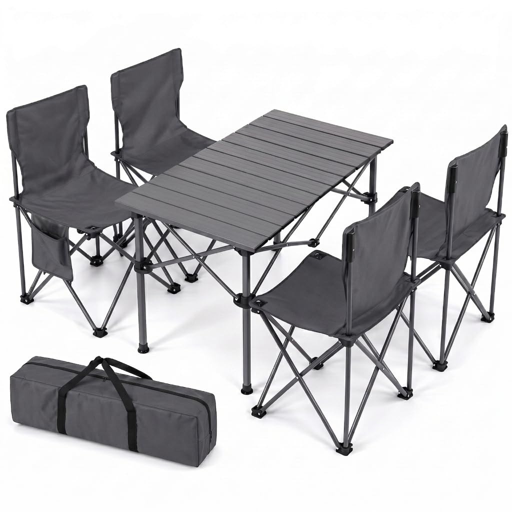 HomlyPro Folding Camping Table and Chairs, Set of 4 - Lightweight and Durable, Garden Table and Chairs with Carry Bag for Indoor & Outdoor Use, Ideal for Picnic & Garden (Grey)