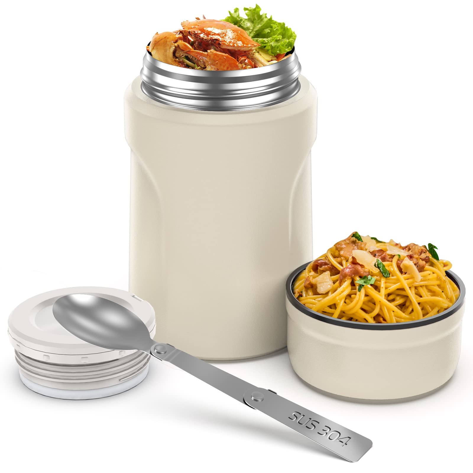 Jim's Store Insulated Hot Food Flask with Folding Spoon, 500ml Stainless Steel Vacuum King Food Jar White