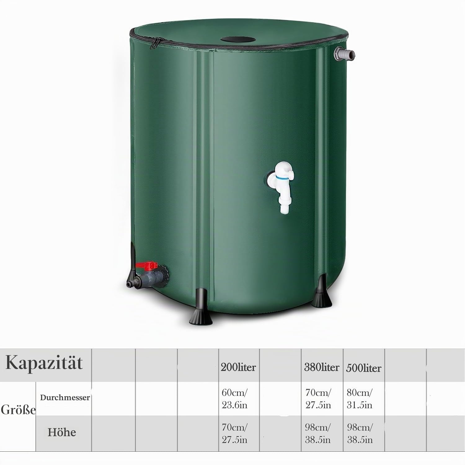 Faltbare Regentonne 1000 Liter Mit Überlaufschutz – Regenwassertank Aus Wetterfestem PVC, Regenwassersammler Mit Deckel Und Wasserhahn Für Garten(132 gallon/500 L)