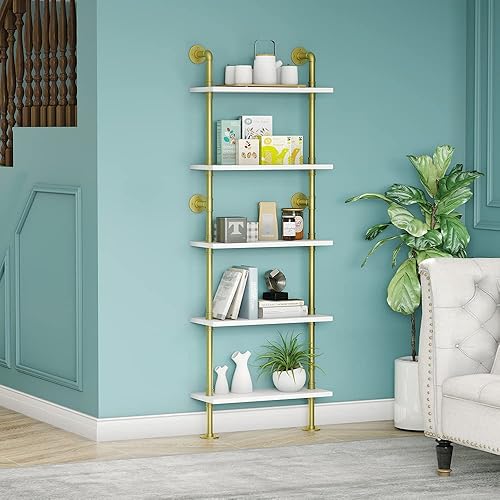 MAIKAILUN Estantería dorada de 5 niveles de 67 pulgadas, estantes blancos y dorados, estantes modernos, estantería de metal abierta de mediados de