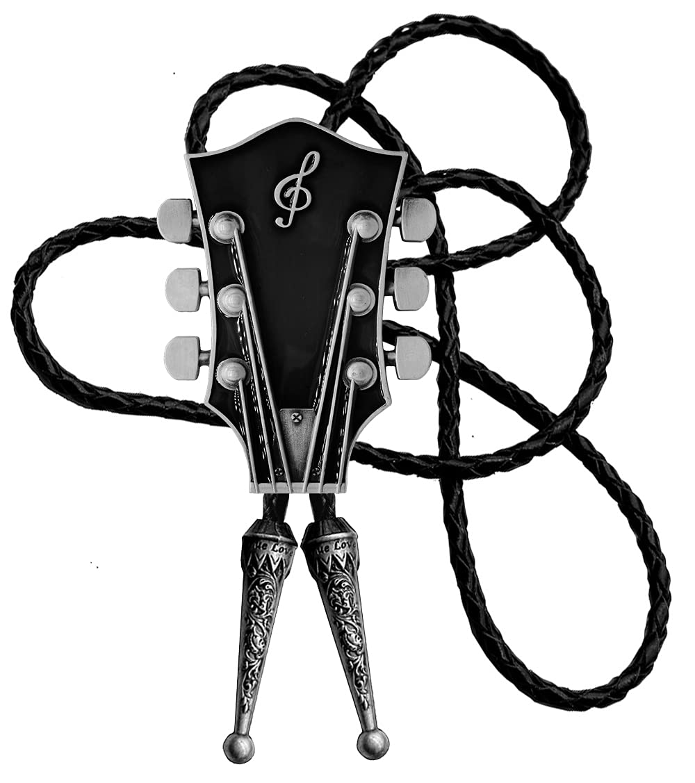 Moranse Bolo Tie With Guitar Music Lover Design Cowboy and Genuine Cowhide Rope