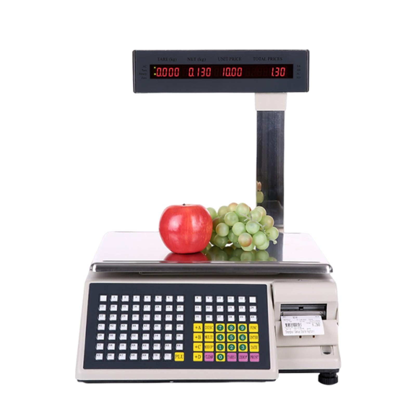 Waga Sklepowa z Drukarką Etykiet i Kodów Kreskowych, 15kg/30kg Elektroniczna Waga Kalkulacyjna do Masarni i Supermarketu, Podwójny Wyświetlacz LED, 71 Klawiszy Szybkiego Dostępu(15kg/5g)