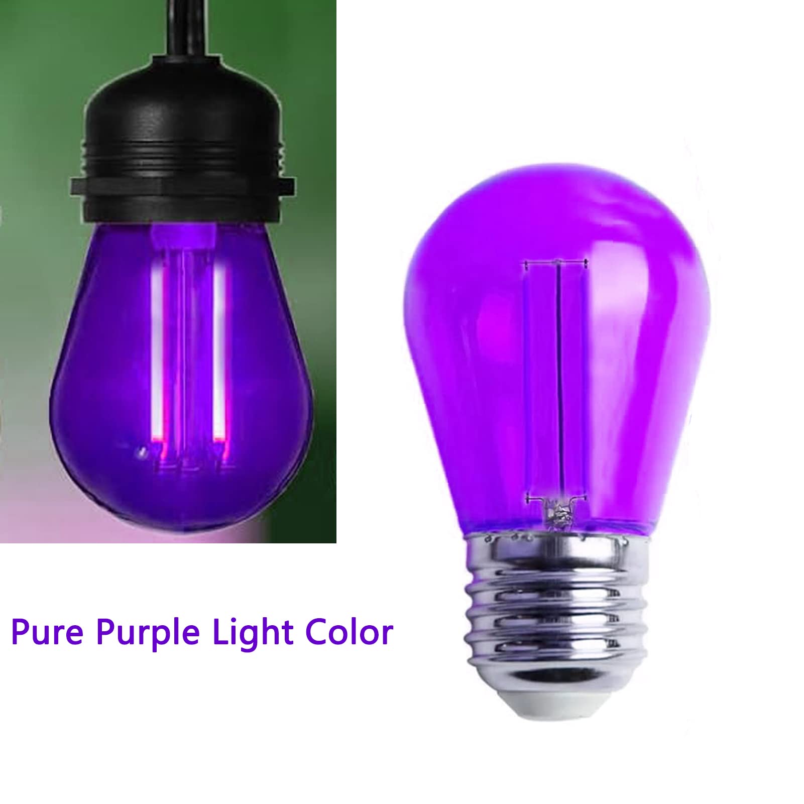 S14 Lila Ersatzbirnen 2W LED Edison-Glühbirne Kunststoff bruchsichere wasserdichte dekorative lila Filament Halloween-Birnen E26 Basis Indoor Outdoor Patio Streifenlicht, 15 Packungen (lila)