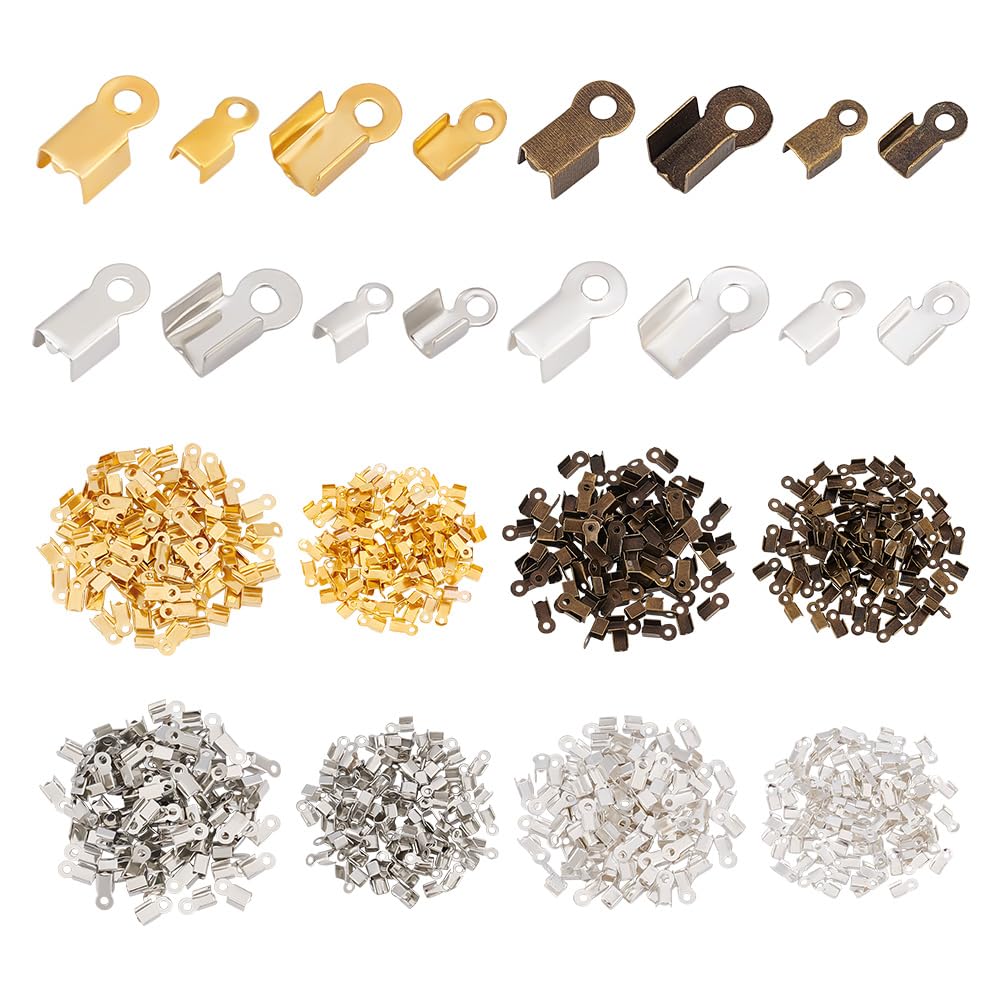 UNICRAFTALE About 800pcs 4 Colors Folding Crimp Ends Fold Over Cord Ends 2 Sizes Terminators Clamp End Tips Leather Ribbon Ending Clasp Tips Metal Jewelry Connector for Bracelets