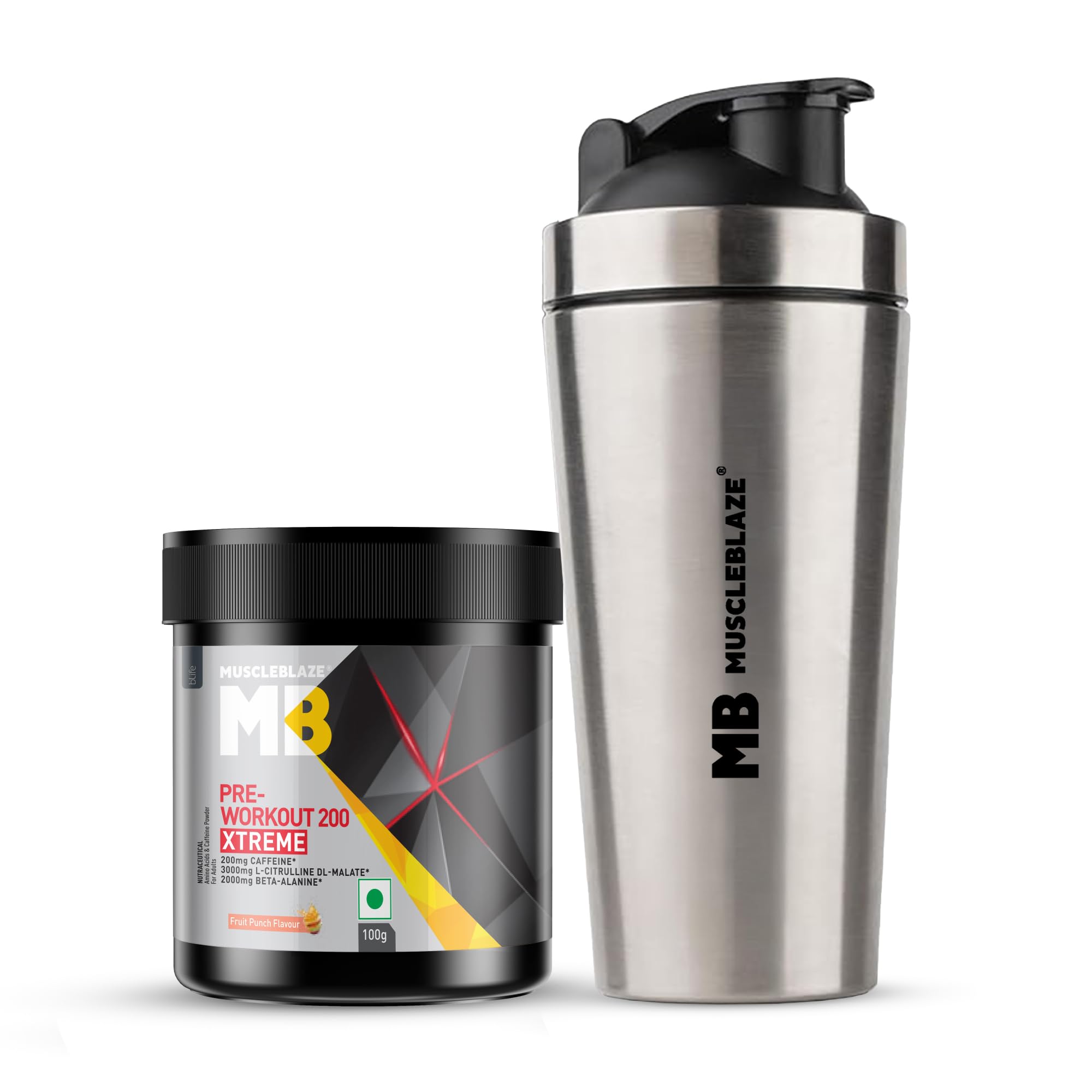 MuscleBlaze Pre Workout 200 Xtreme, Fruit Punch, 100g + Shaker | Includes Stainless Steel Gym Shaker, Silver, 700ml-picture-16