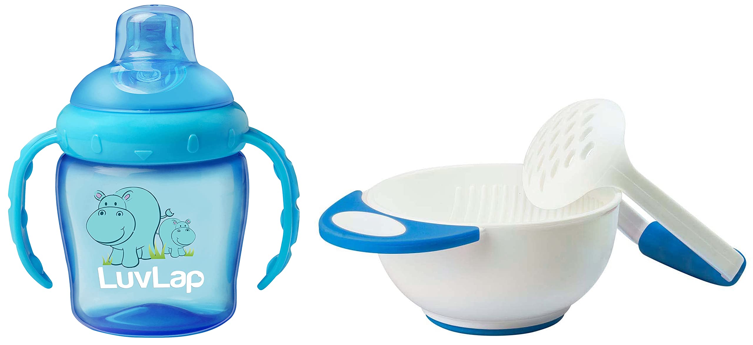 Luvlap Hippo Sipper Blue & LuvLap Baby Food Grinding Cum Feeding Bowl, Portable Baby Food Masher & Serving Bowl for Baby weaning Food Preparation (White & Blue)-image-0