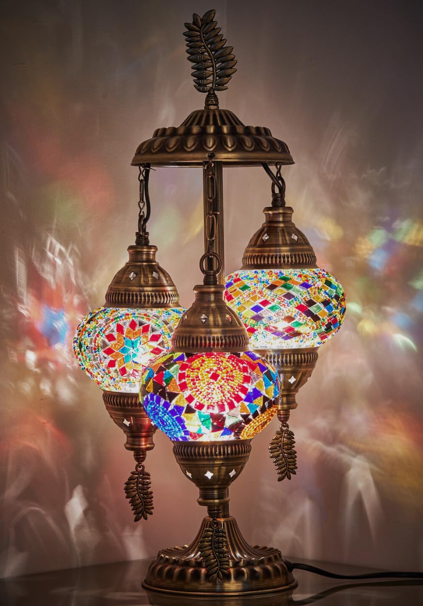 DEMMEX Impresionante lámpara de mesita de noche con mosaico marroquí turco bohemio de 3 globos, 53 cm