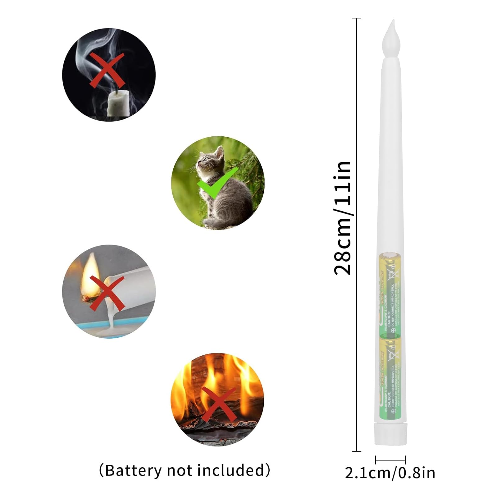 24 Pezzi Candele LED Elettriche, Candele Senza Fiamma, Candele a Batteria, Candele Coniche Led Fiamma Tremolante per Natale, Ringraziamento, Festa (Bianco, 2.1 x 28 cm)